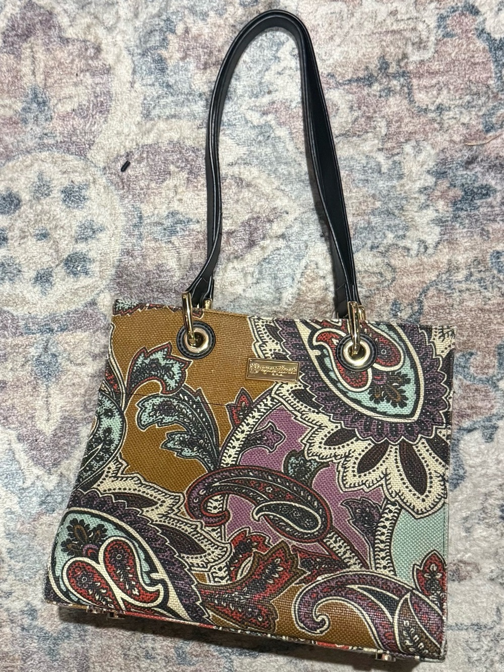 Spartina in Print Canvas Shoulder Bag with Black Handles in gold hardware